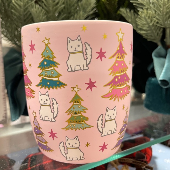 Pink Christmas Colorful Trees with White Cats & Gold Pink Soft Touch Mug NWT - Picture 2 of 4